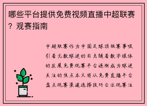 哪些平台提供免费视频直播中超联赛？观赛指南