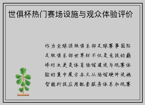 世俱杯热门赛场设施与观众体验评价