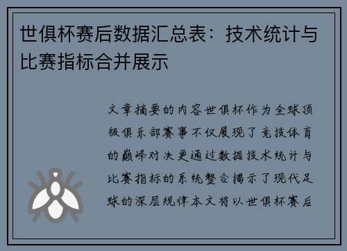 世俱杯赛后数据汇总表：技术统计与比赛指标合并展示