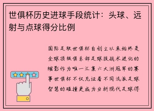 世俱杯历史进球手段统计：头球、远射与点球得分比例